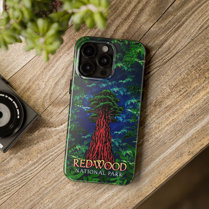 Phone case with Redwood National Park design on a wooden surface
