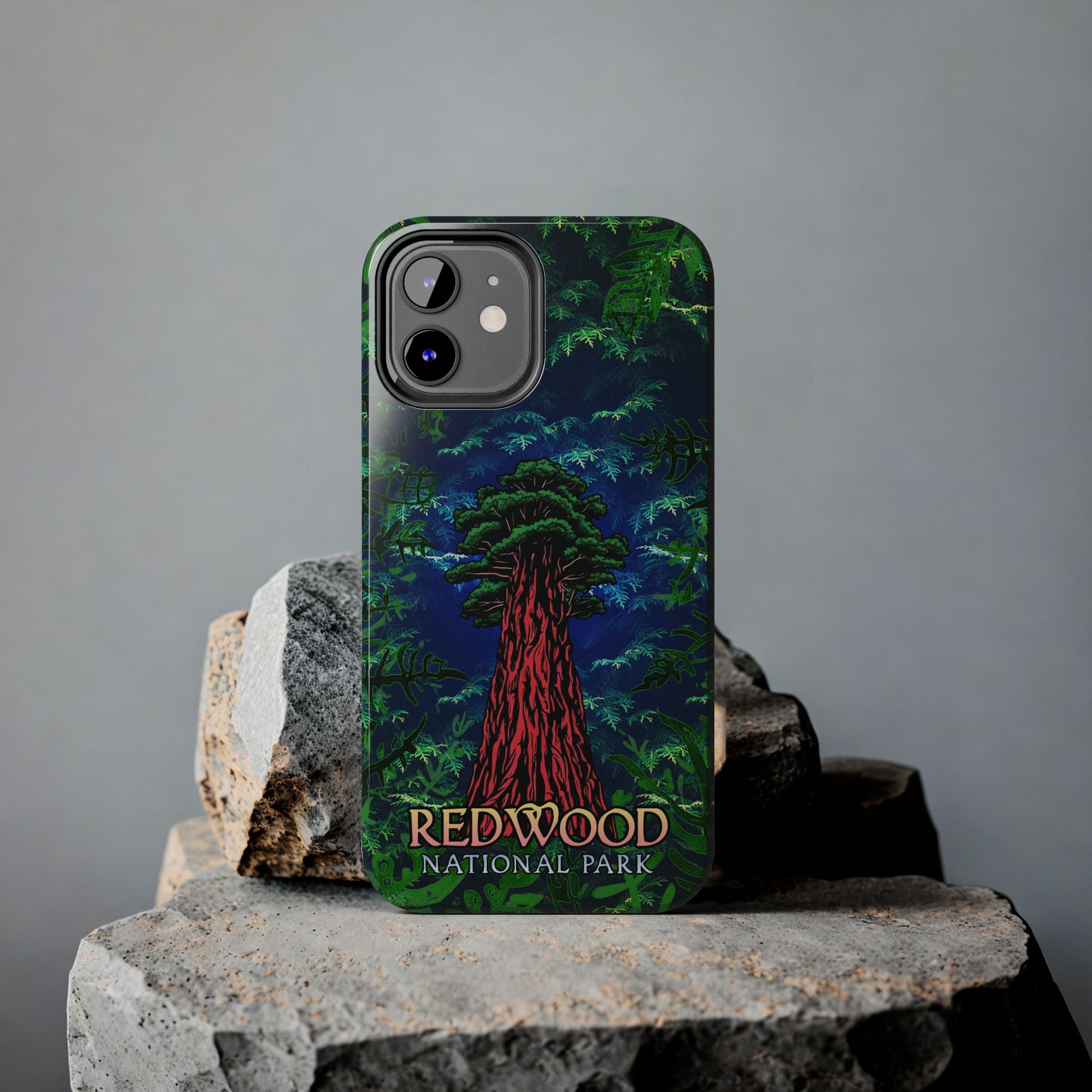 Phone case with Redwood National Park design on a gray background